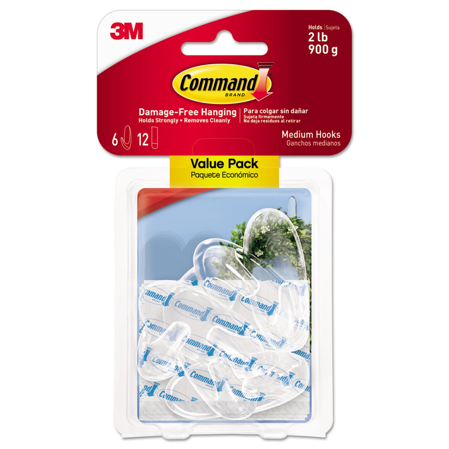 Command Clear Hooks and Strips, Medium, Plastic, 2 lb Capacity, 6 Hooks and 12 Strips/Pack (17091CLR6ES)