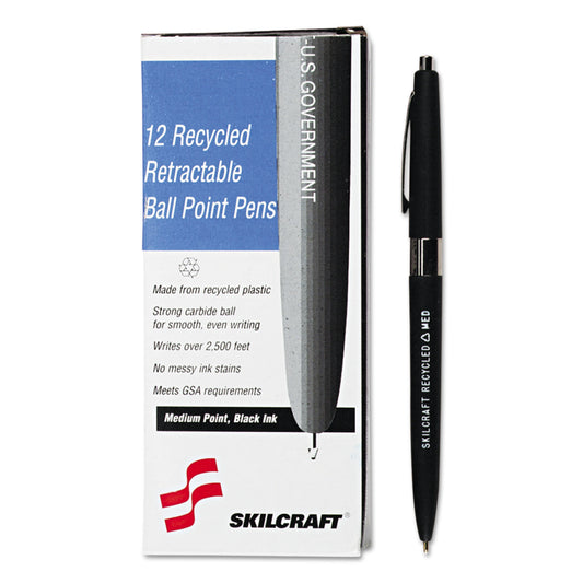 AbilityOne 7520013861604, SKILCRAFT Recycled Ballpoint Pen, Retractable, Medium 1 mm, Black Ink, Black Barrel, Dozen