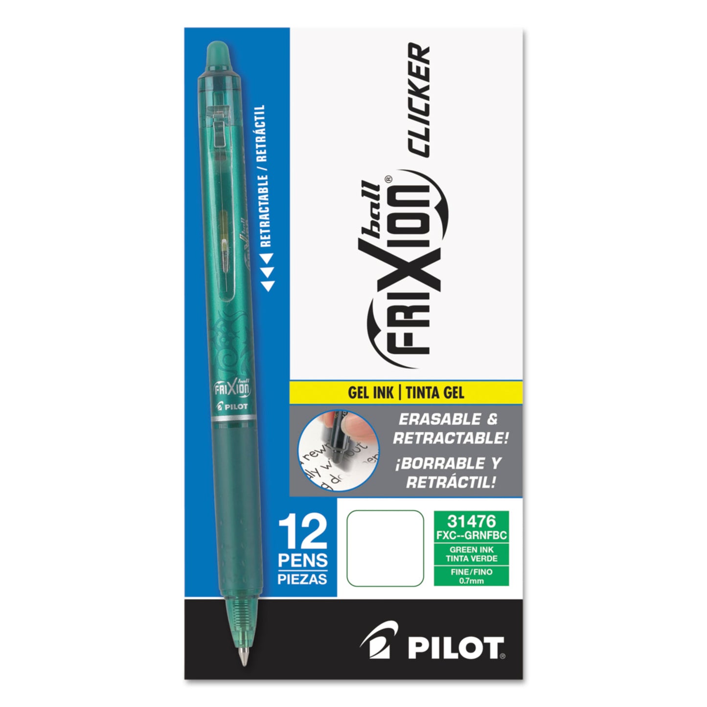 Pilot FriXion Clicker Erasable Gel Pen, Retractable, Fine 0.7 mm, Green Ink, Green Barrel, Dozen (31476)