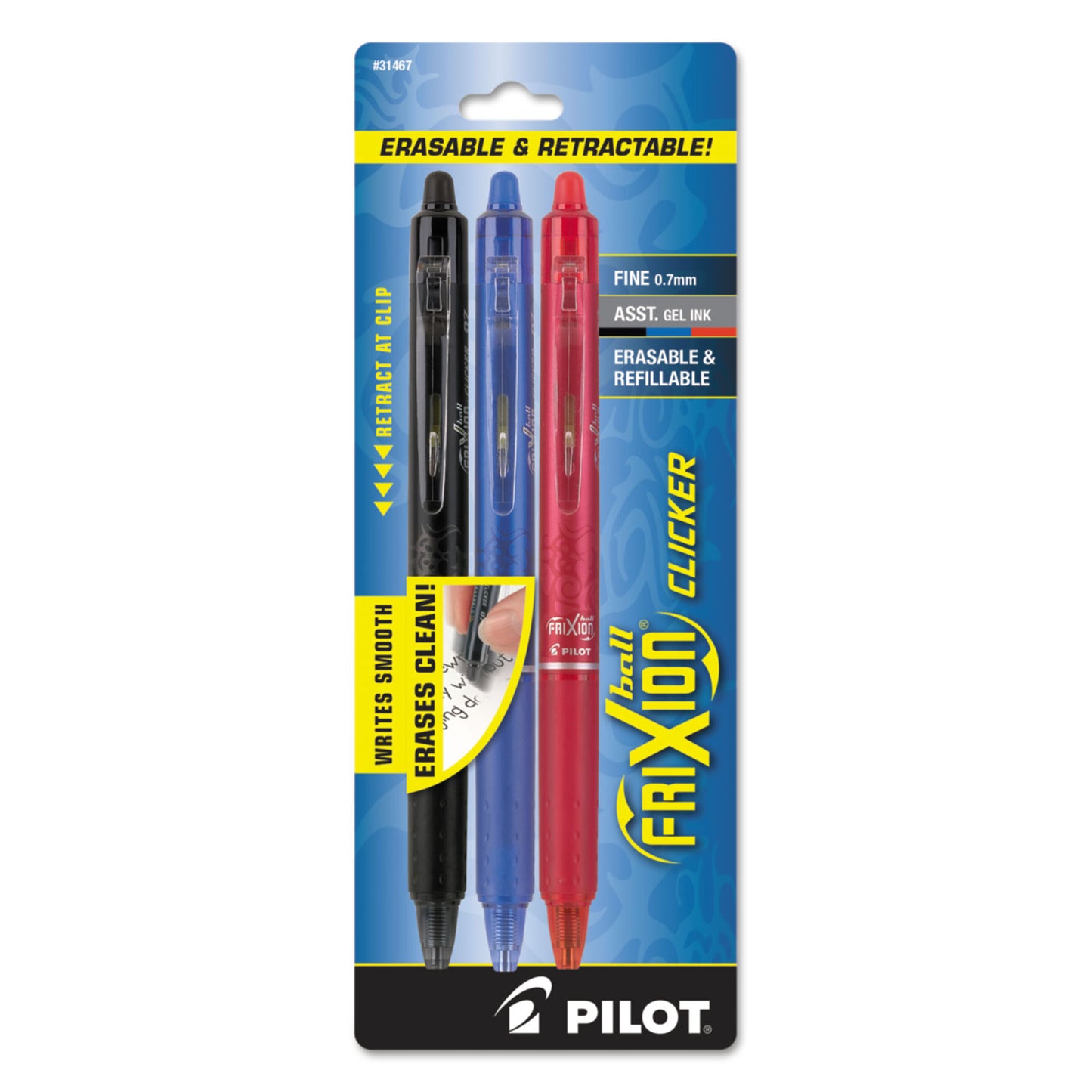 Pilot FriXion Clicker Erasable Gel Pen, Retractable, Fine 0.7 mm, Three Assorted Business Ink and Barrel Colors, 3/Pack (31467)