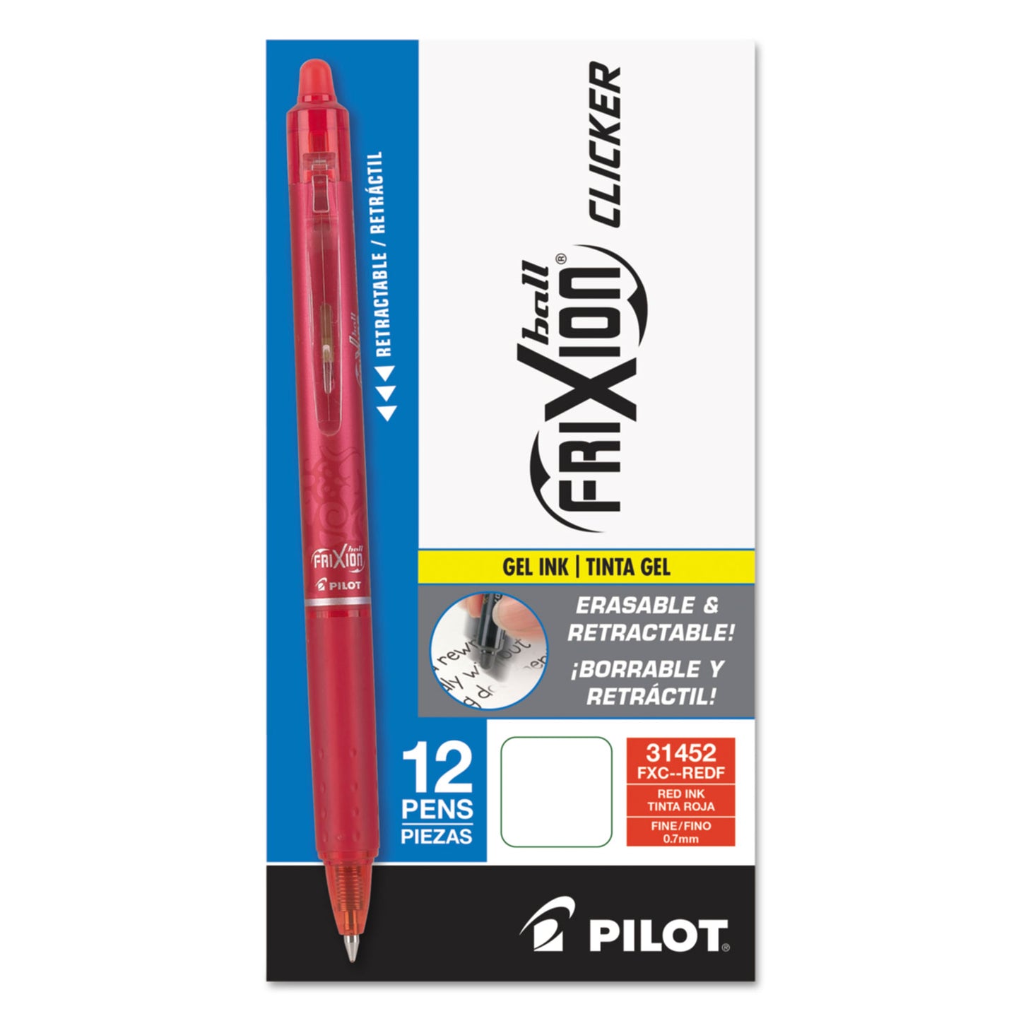 Pilot FriXion Clicker Erasable Gel Pen, Retractable, Fine 0.7 mm, Red Ink, Red Barrel (31452)