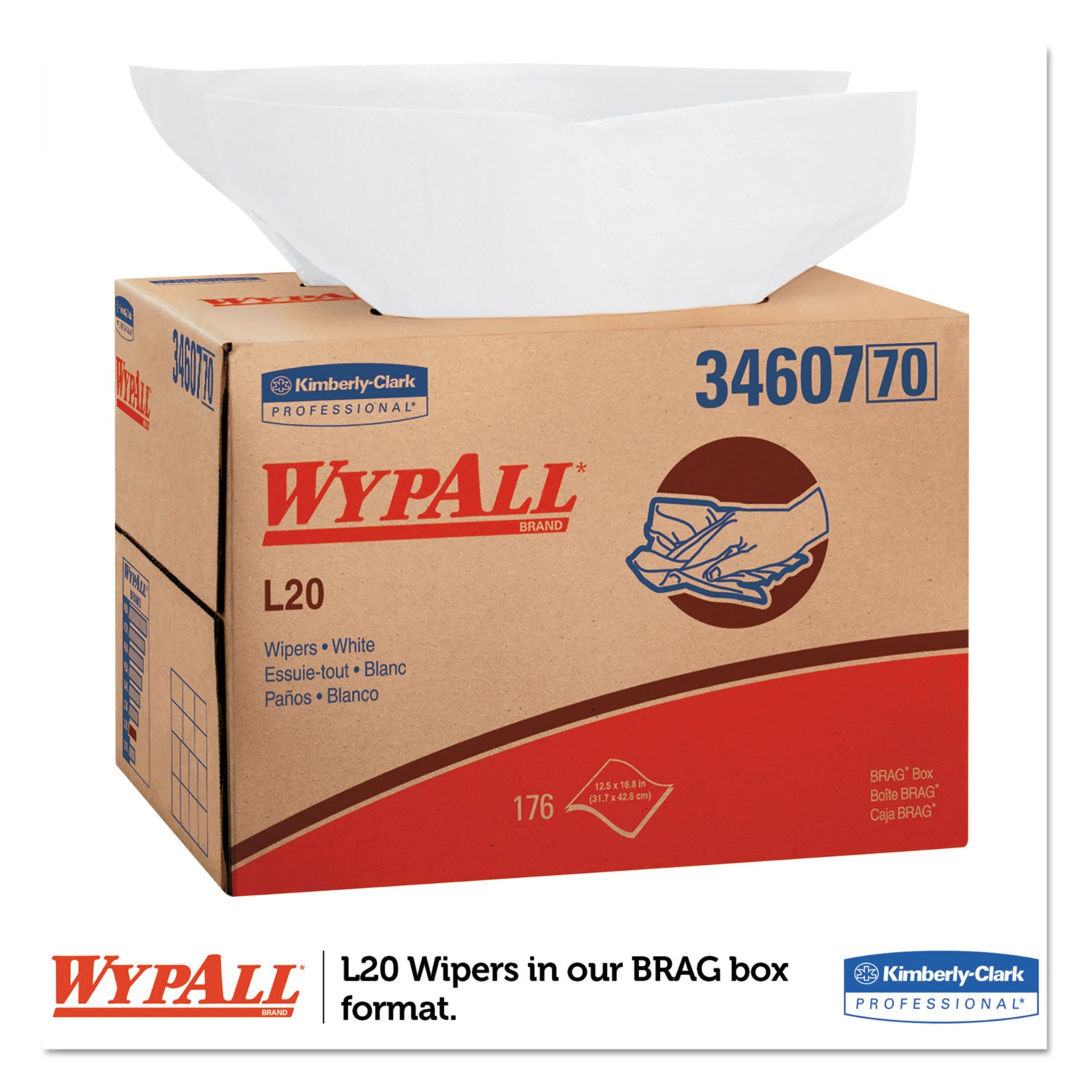 WypAll L20 Towels, BRAG Box, Multi-Ply, 12.5 x 16.8, Unscented, White, 176/Box (34607)