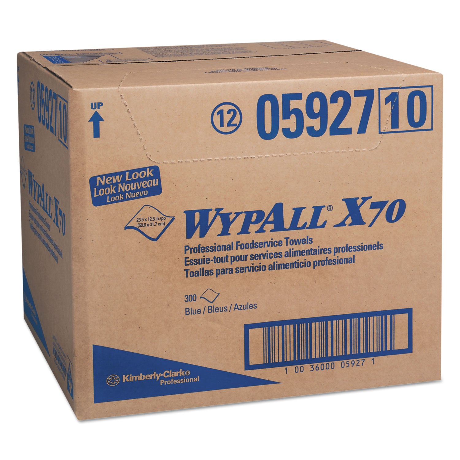 WypAll X70 Foodservice Towels, 1/4 Fold, 12.5 x 23.5, Unscented, Blue, 300/Carton (05927)