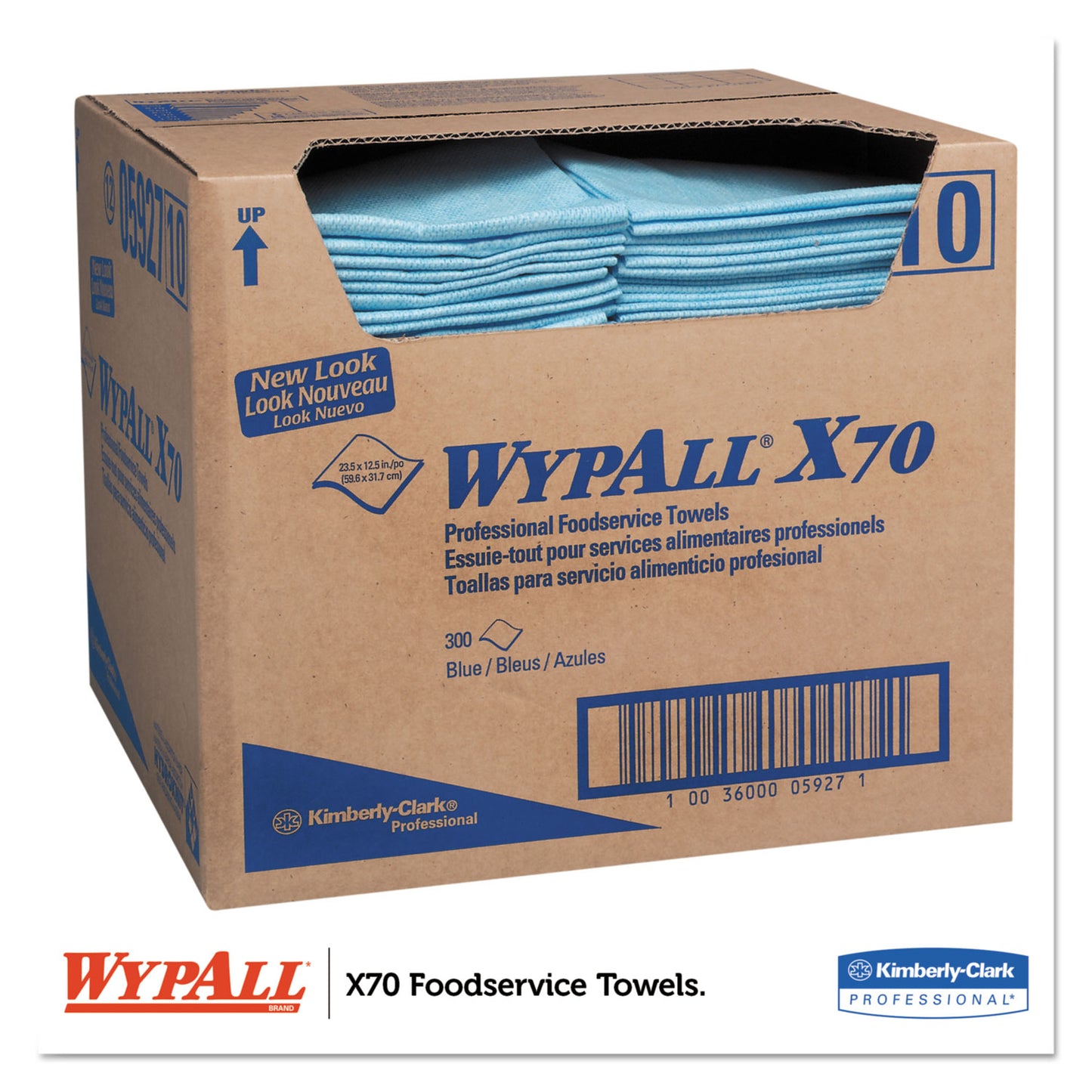 WypAll X70 Foodservice Towels, 1/4 Fold, 12.5 x 23.5, Unscented, Blue, 300/Carton (05927)