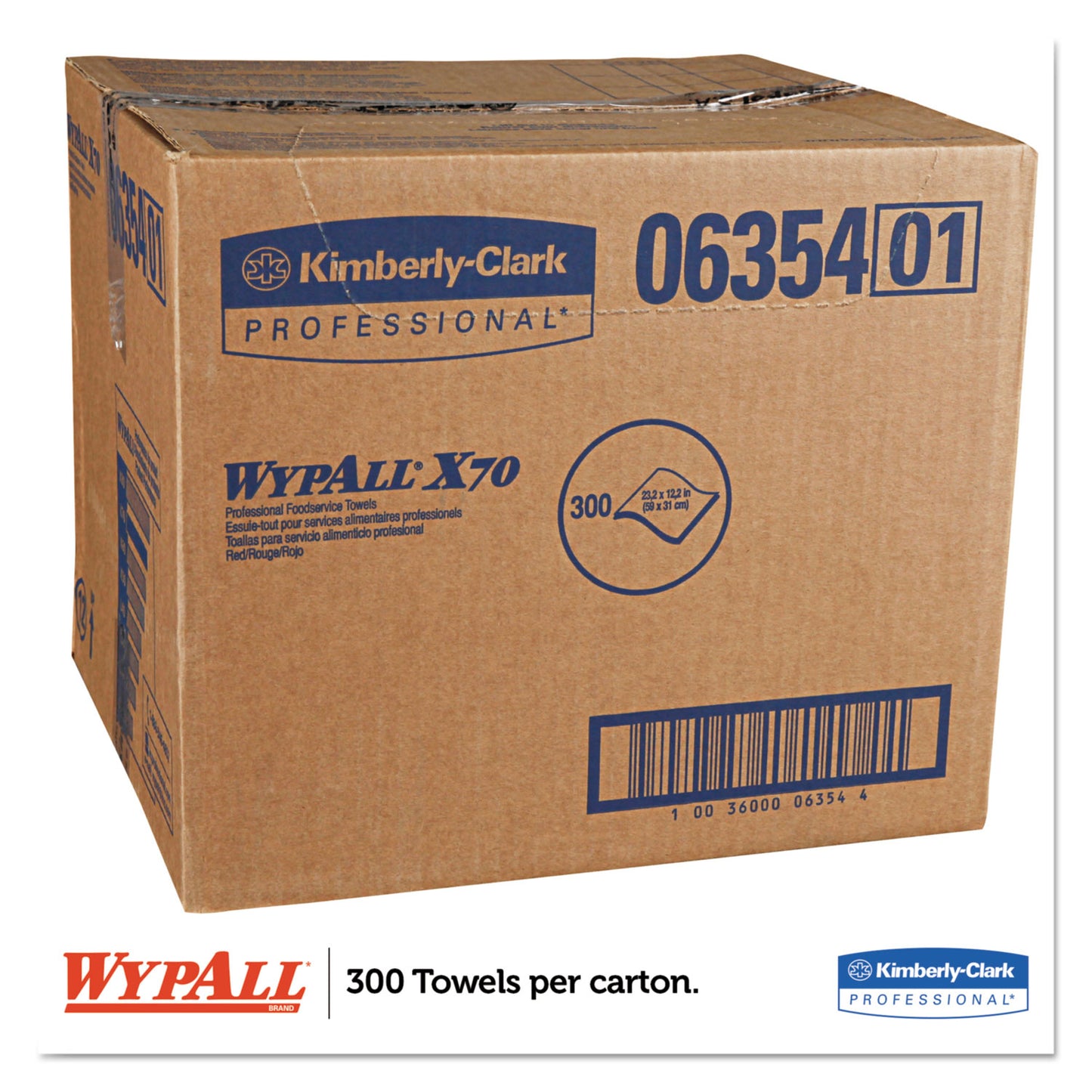 WypAll X70 Wipers, 1-Ply, 12.5 x 23.2, Red, 300/Carton (06354)