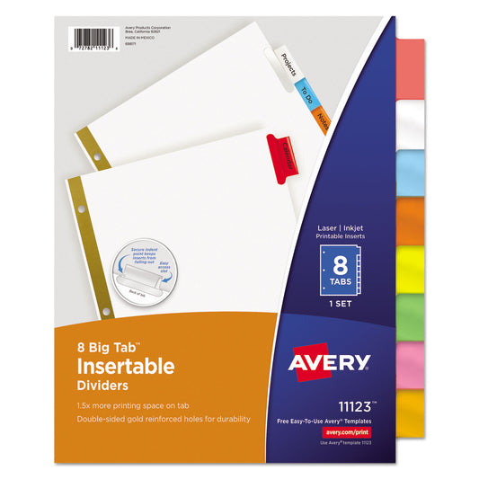 Avery Insertable Big Tab Dividers, 8-Tab, Double-Sided Gold Edge Reinforcing, 11 x 8.5, White, Assorted Tabs, 1 Set (11123)