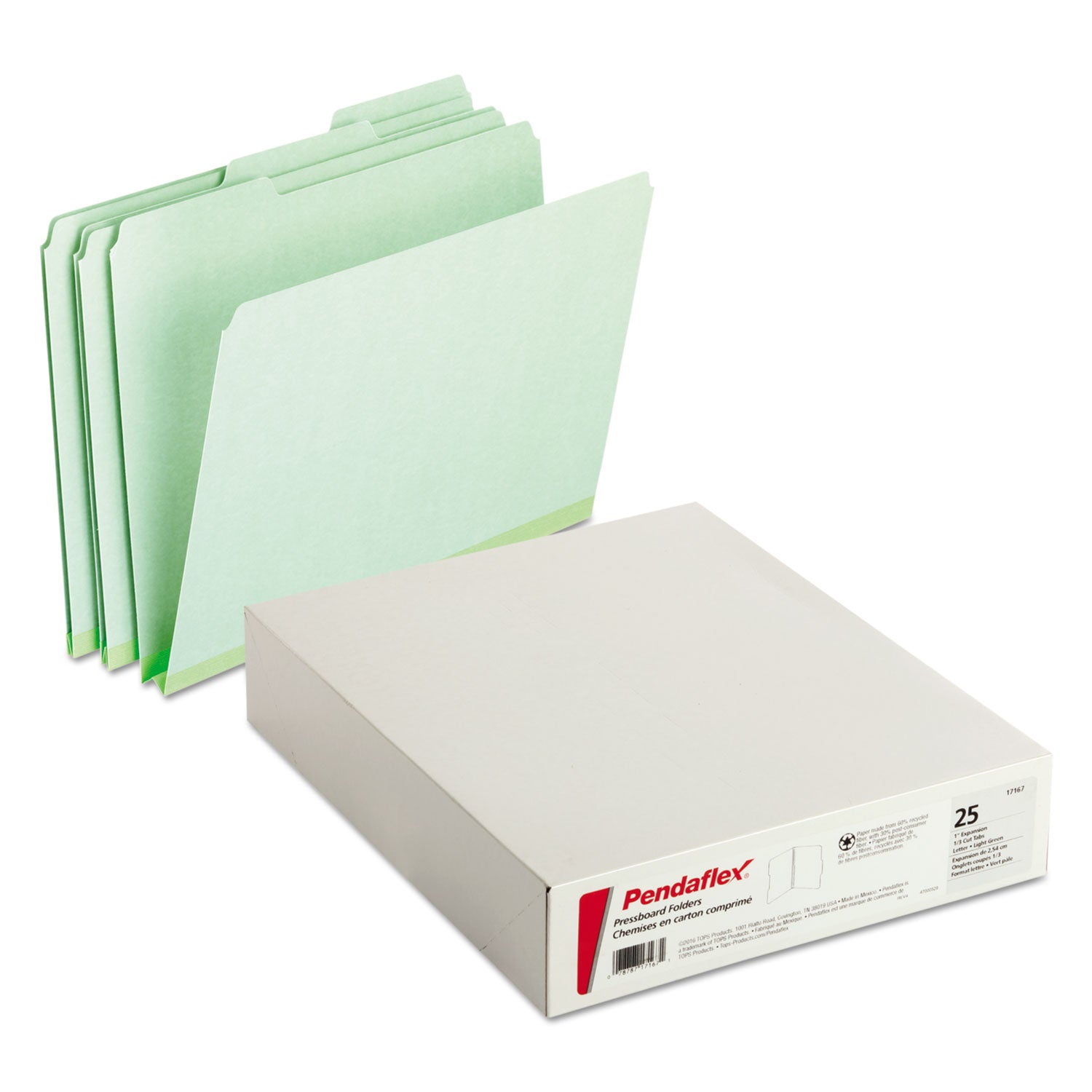 Pendaflex Pressboard Expanding File Folders, 1/3-Cut Tabs: Assorted, Letter Size, 1" Expansion, Green, 25/Box (17167)