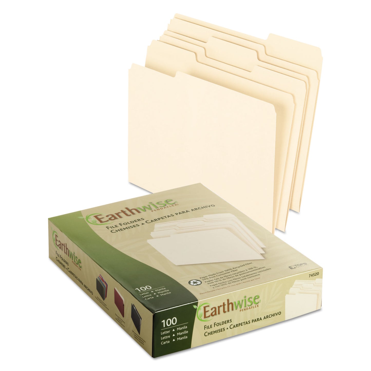 Earthwise by Pendaflex 100% Recycled Manila File Folder, 1/3-Cut Tabs: Assorted, Letter, 0.75" Expansion, Manila, 100/Box (74520)