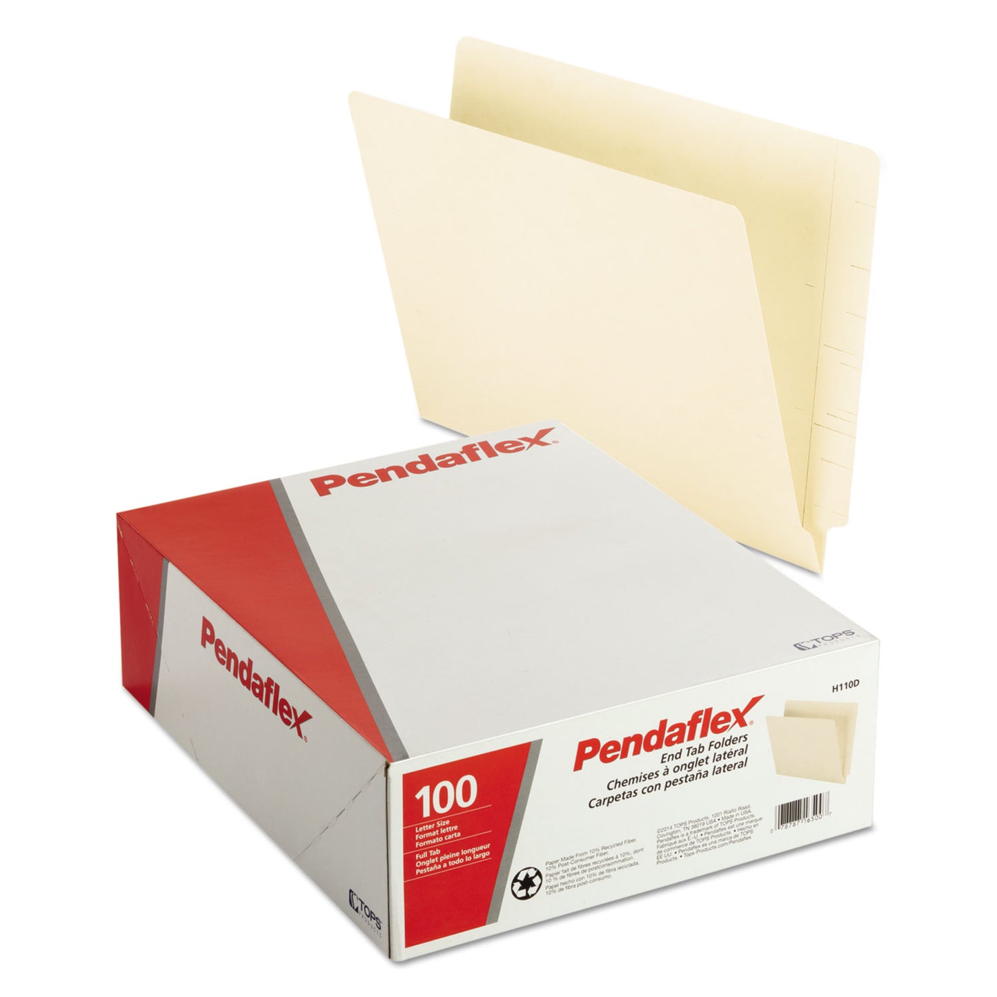 Pendaflex Manila End Tab Folders, 9.5" High Front, Straight 2-Ply Tabs, Letter Size, Manila, 100/Box (H110D)