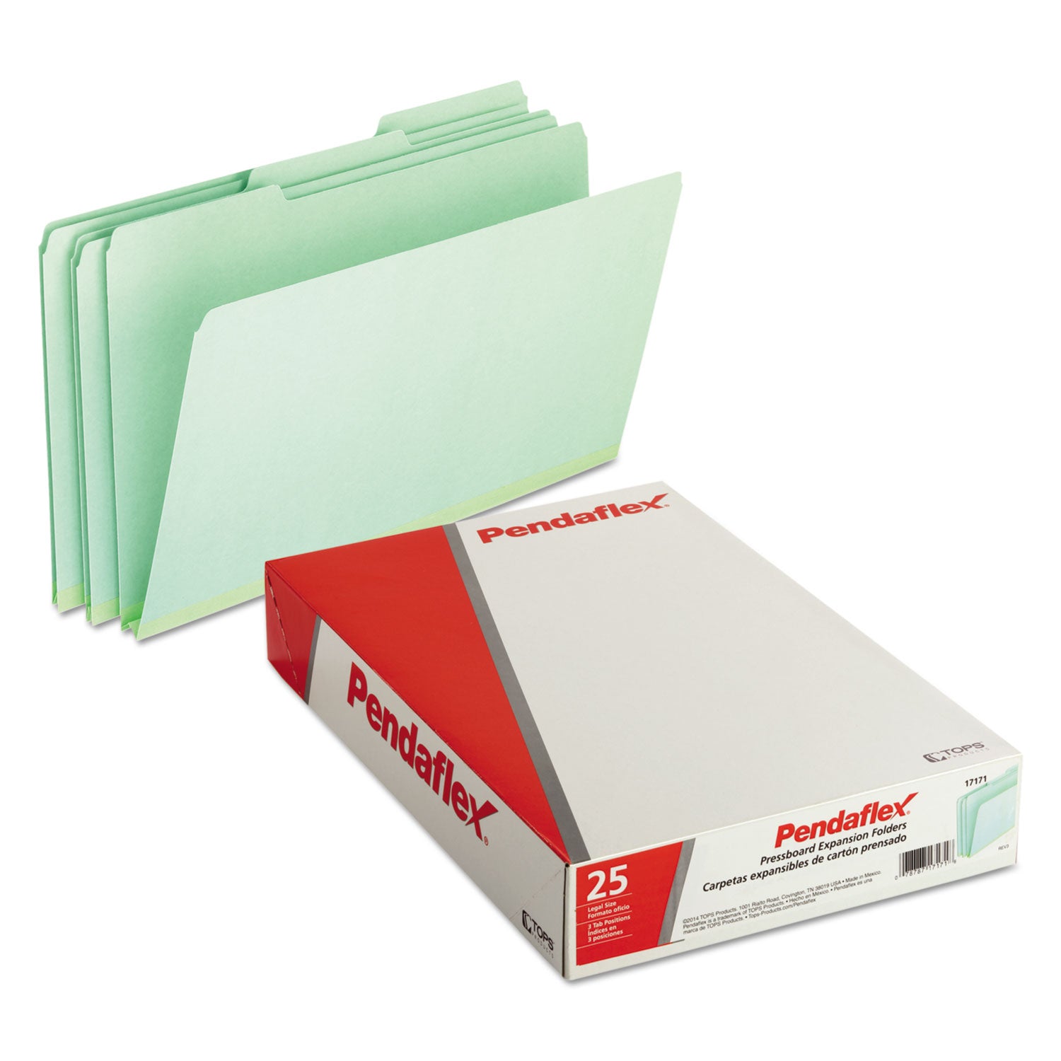 Pendaflex Pressboard Expanding File Folders, 1/3-Cut Tabs: Assorted, Legal Size, 1" Expansion, Green, 25/Box (17171)