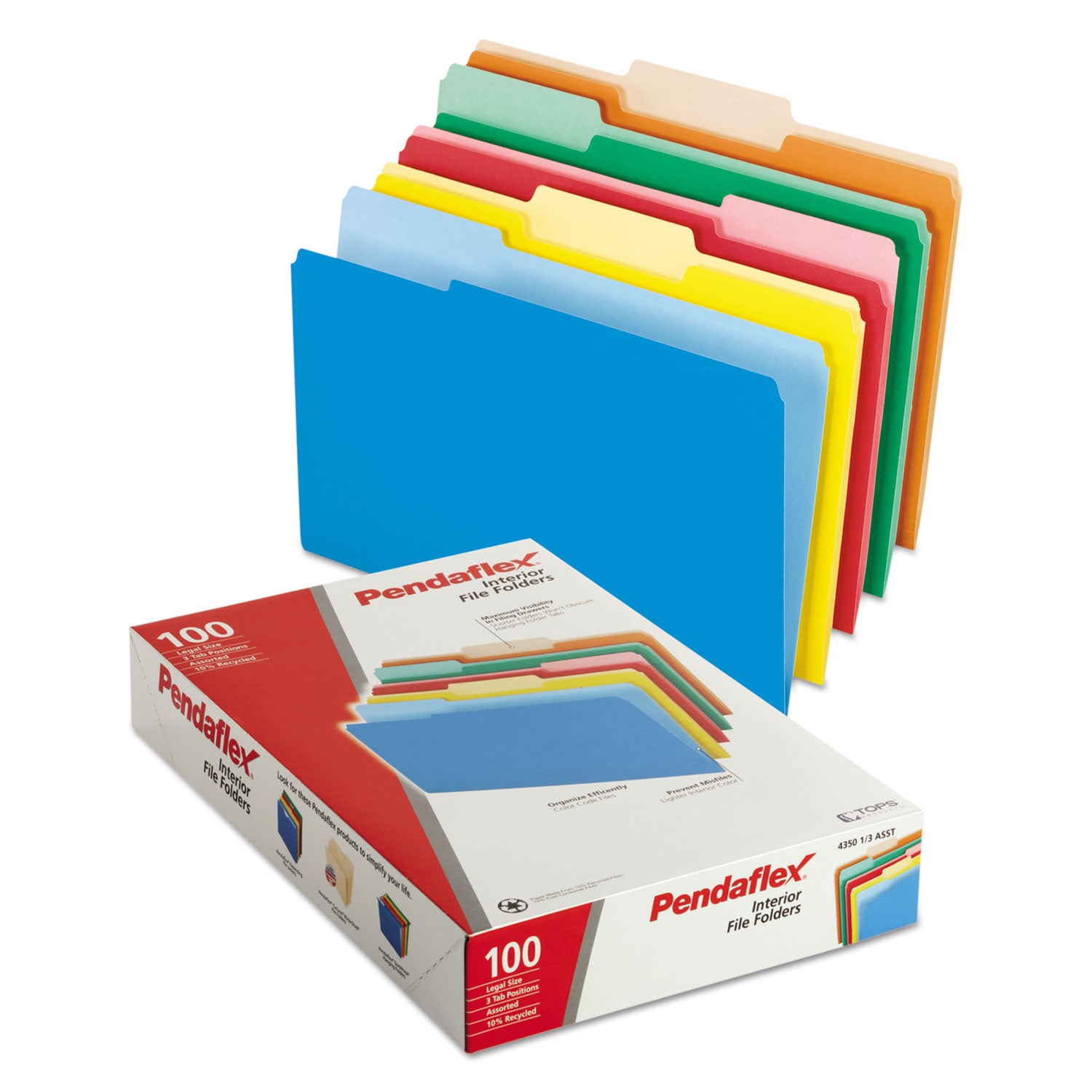 Pendaflex Interior File Folders, 1/3-Cut Tabs: Assorted, Legal Size, Assorted Colors, 100/Box (435013ASST)
