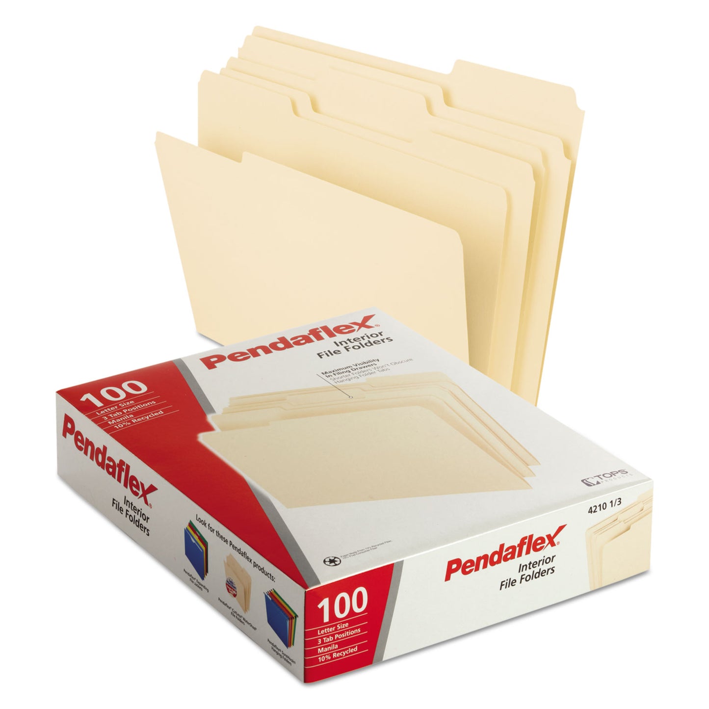 Pendaflex Interior File Folders, 1/3-Cut Tabs: Assorted, Letter Size, Manila, 100/Box (421013)