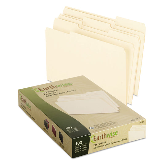 Earthwise by Pendaflex 100% Recycled Manila File Folder, 1/3-Cut Tabs: Assorted, Legal Size, 0.75" Expansion, Manila, 100/Box (76520)