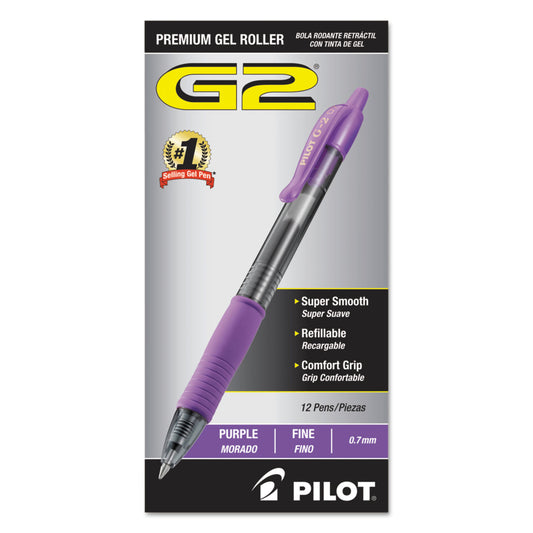 Pilot G2 Premium Gel Pen, Retractable, Fine 0.7 mm, Purple Ink, Smoke/Purple Barrel, Dozen (31029)