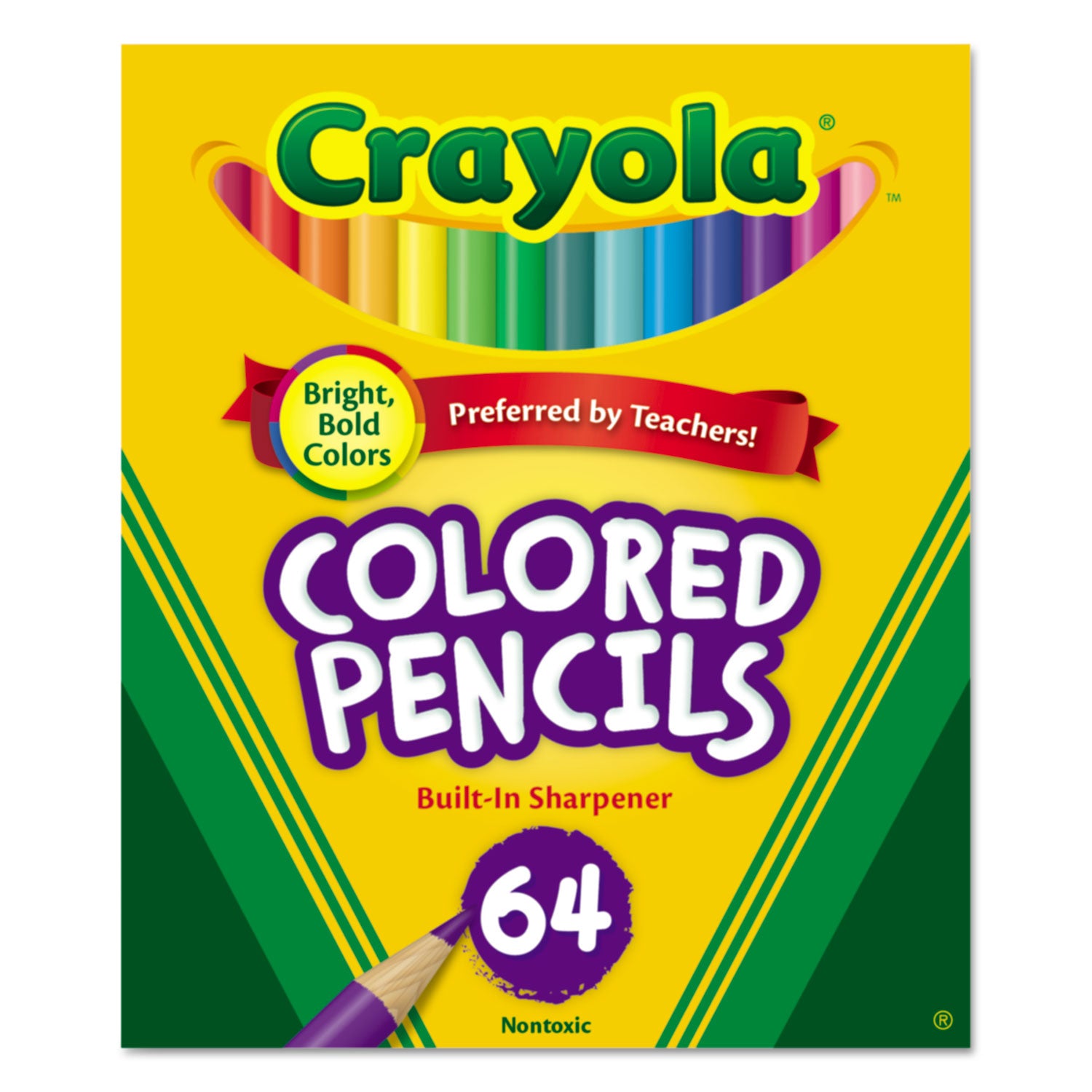 Crayola Short Colored Pencils Hinged Top Box with Built-in Pencil Sharpener, 3.3 mm, 2B, Assorted Lead and Barrel Colors, 64/Pack (683364)