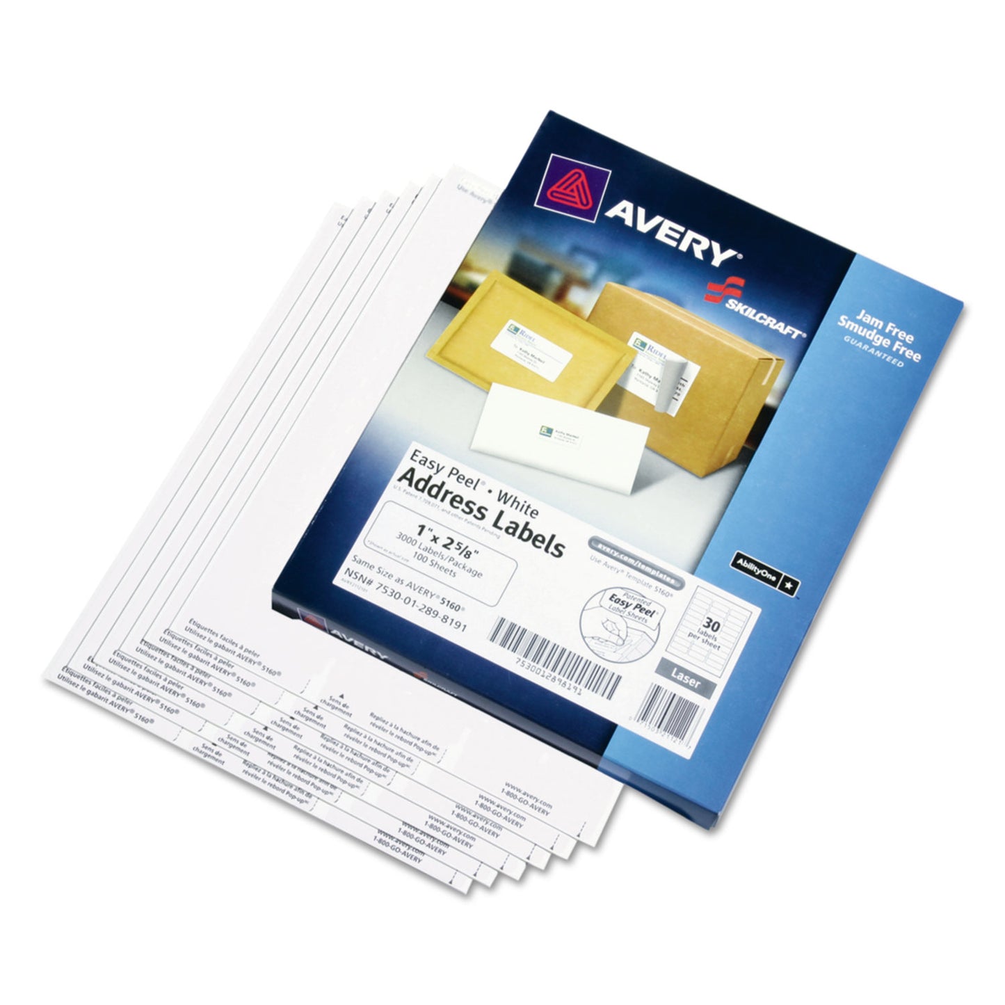 AbilityOne 7530012898191, SKILCRAFT Laser Labels, Laser Printers, 1 x 2.63, White, 30/Sheet, 100 Sheets/Box