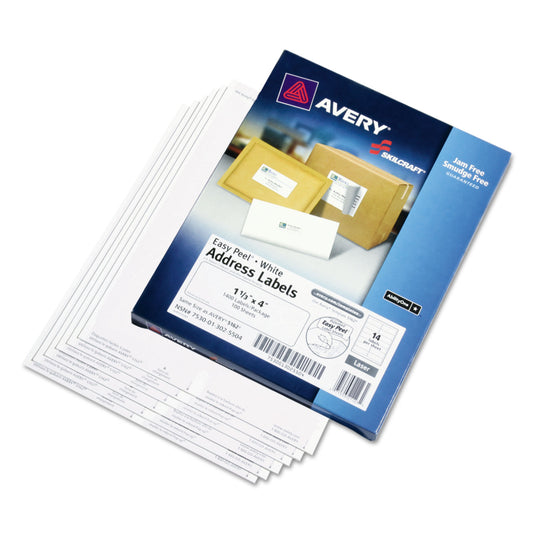 AbilityOne 7530013025504, SKILCRAFT Laser Labels, Label Printers, 1.33 x 4, White, 14/Sheet, 100 Sheets/Box