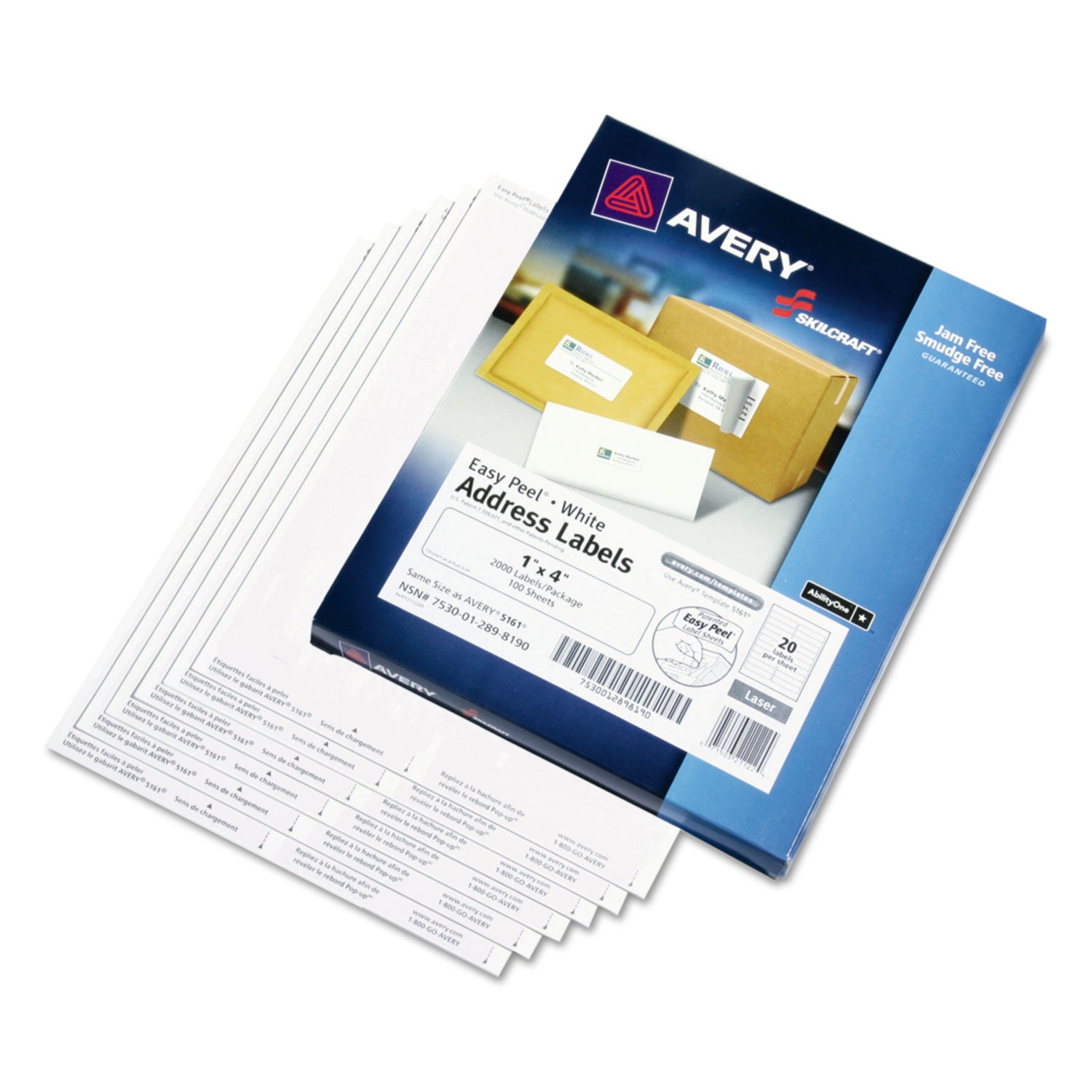 AbilityOne 7530012898190, SKILCRAFT Laser Labels, Laser Printers, 1 x 4, White, 20/Sheet, 100 Sheets/Box