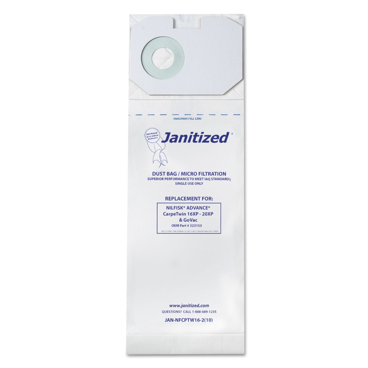 Janitized Vacuum Filter Bags Designed to Fit Nilfisk CarpeTwin Upright 16XP/20XP, 100/Carton (JANNFCPTW162)