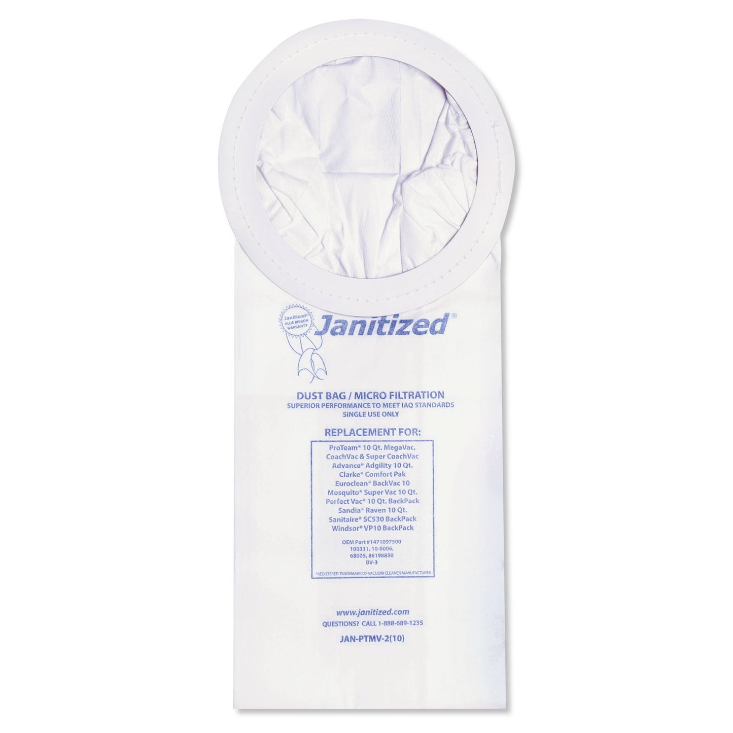 Janitized Vacuum Filter Bags Designed to Fit ProTeam 10 qt Super Coach/MegaVac, 100/Carton (JANPTMV2)