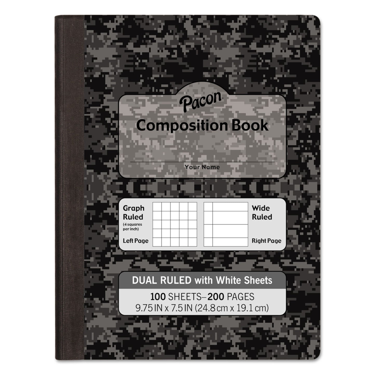 Pacon Composition Book, 20 lb Bond Weight Sheets, Wide/Legal Rule, Black Cover, (100) 9.75 x 7.5 Sheets (MMK37164)