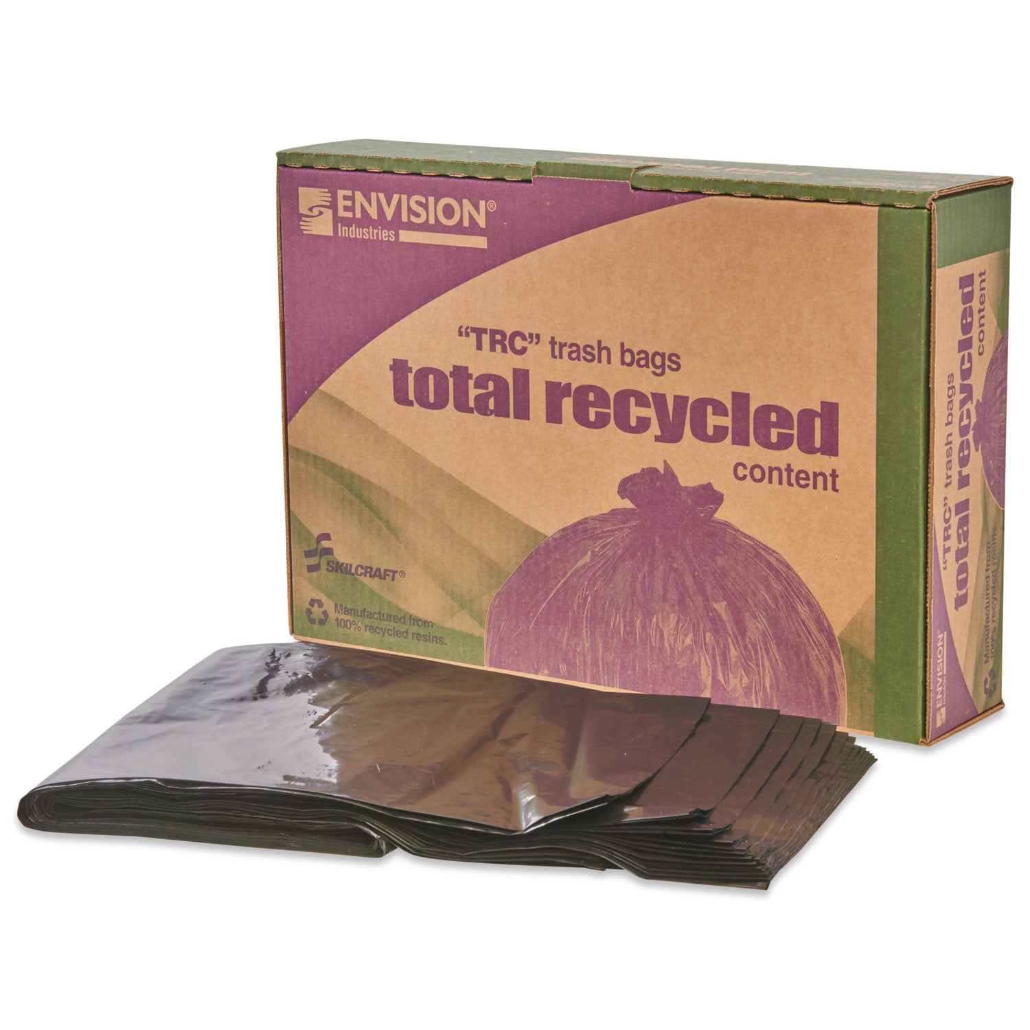 AbilityOne 8105013862323, SKILCRAFT Recycled Content Trash Can Liners, 33 gal, 1.5 mil, 33" x 40", Black/Brown, 100/Box