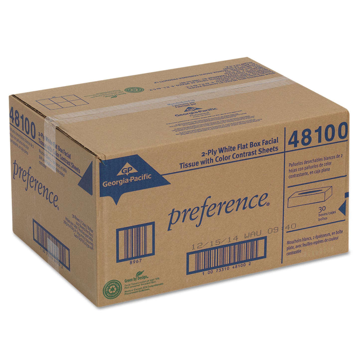 Georgia Pacific Professional Pacific Blue Select Facial Tissue, 2-Ply, White, Flat Box, 100 Sheets/Box, 30 Boxes/Carton (48100)