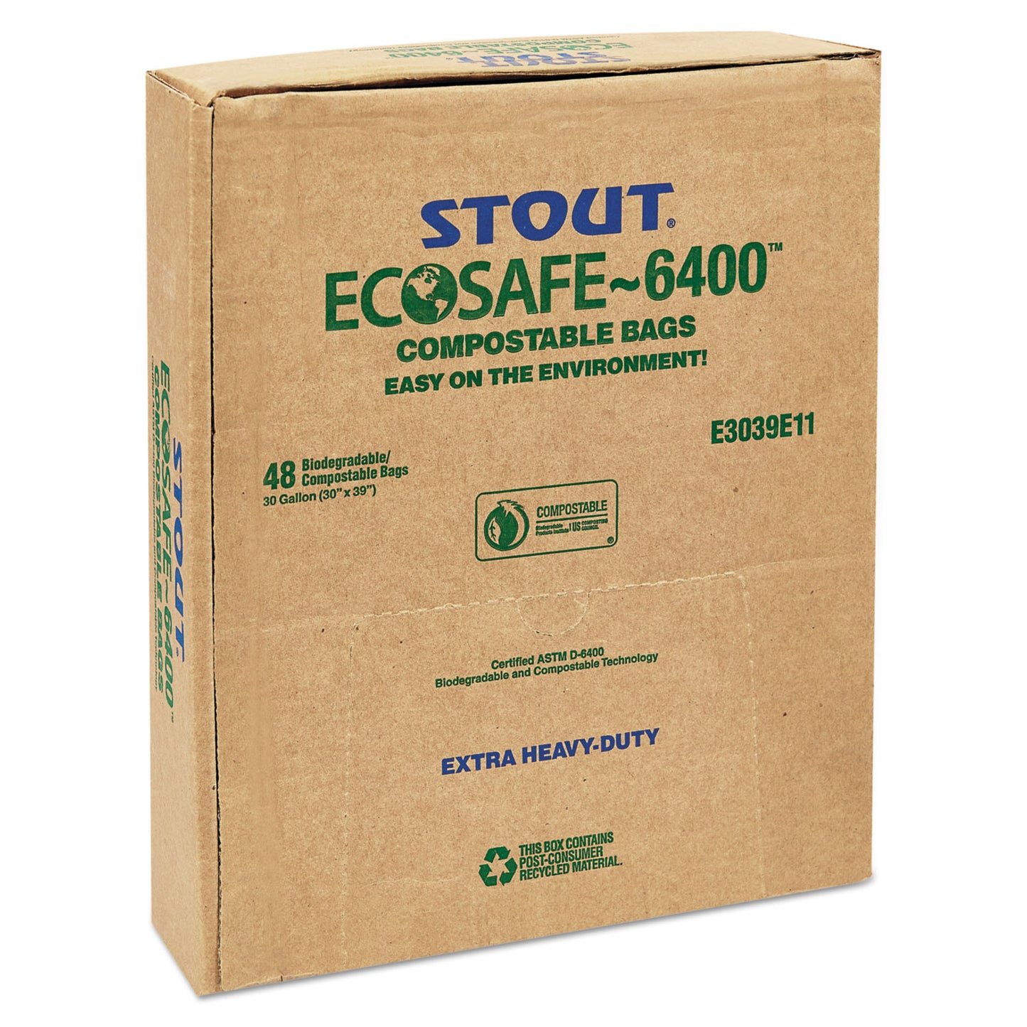 Stout by Envision EcoSafe-6400 Bags, 30 gal, 1.1 mil, 30" x 39", Green, 48/Box (E3039E11)