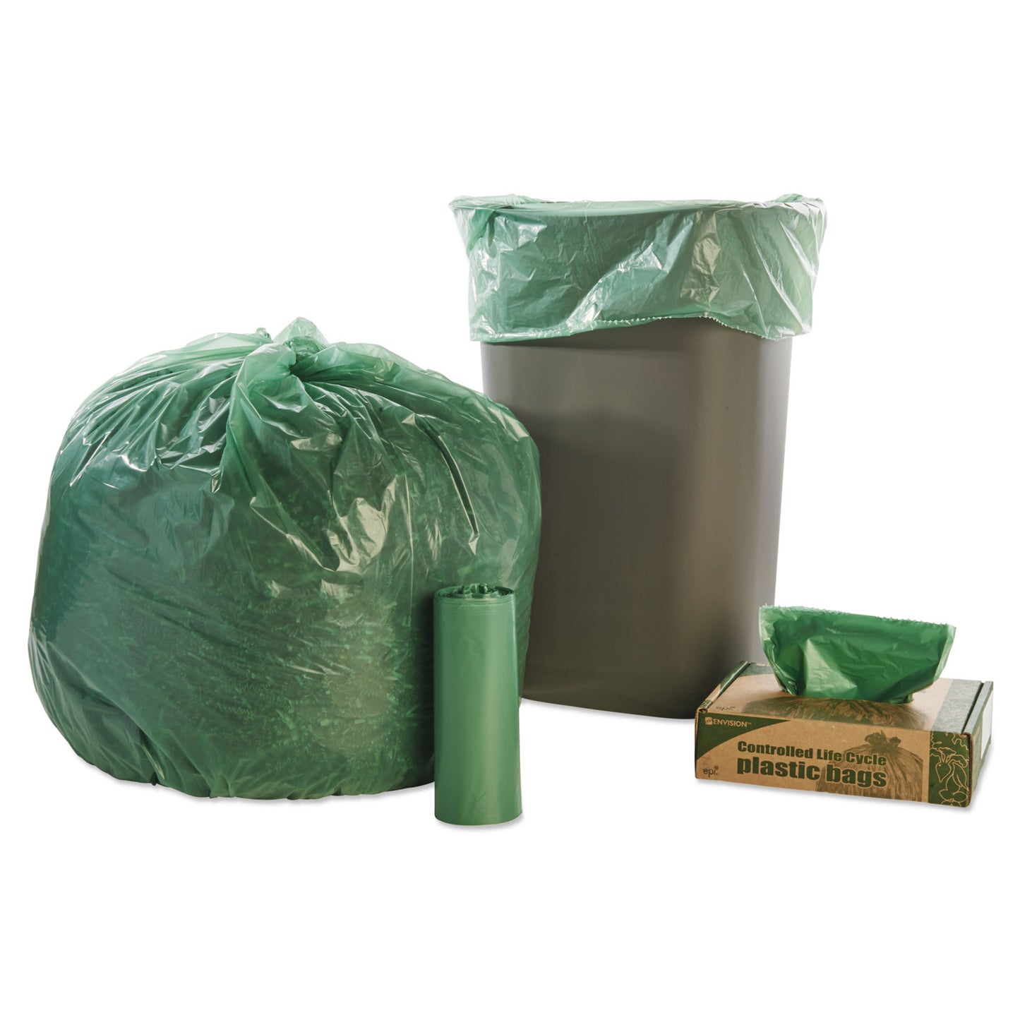 Stout by Envision Controlled Life-Cycle Plastic Trash Bags, 33 gal, 1.1 mil, 33" x 40", Green, 40/Box (G3340E11)