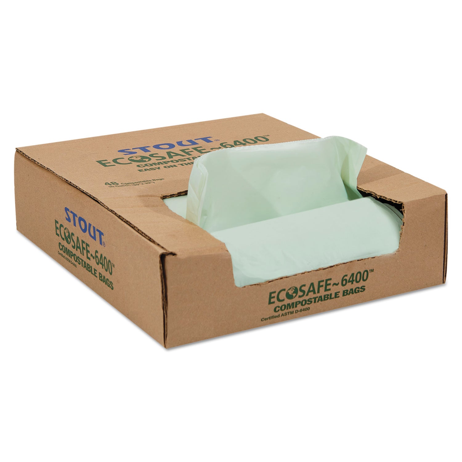 Stout by Envision EcoSafe-6400 Bags, 30 gal, 1.1 mil, 30" x 39", Green, 48/Box (E3039E11)