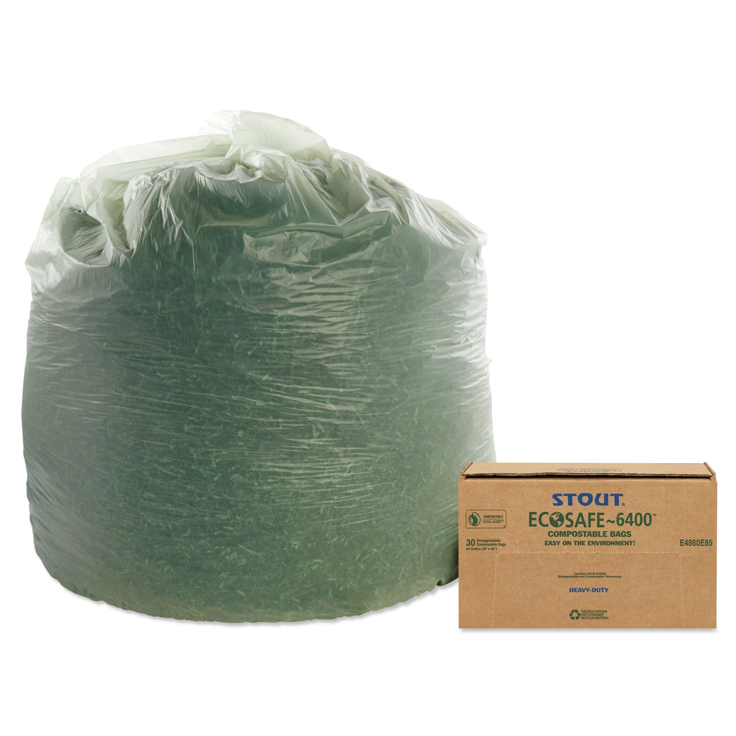 Stout by Envision EcoSafe-6400 Bags, 64 gal, 0.85 mil, 48" x 60", Green, 30/Box (E4860E85)