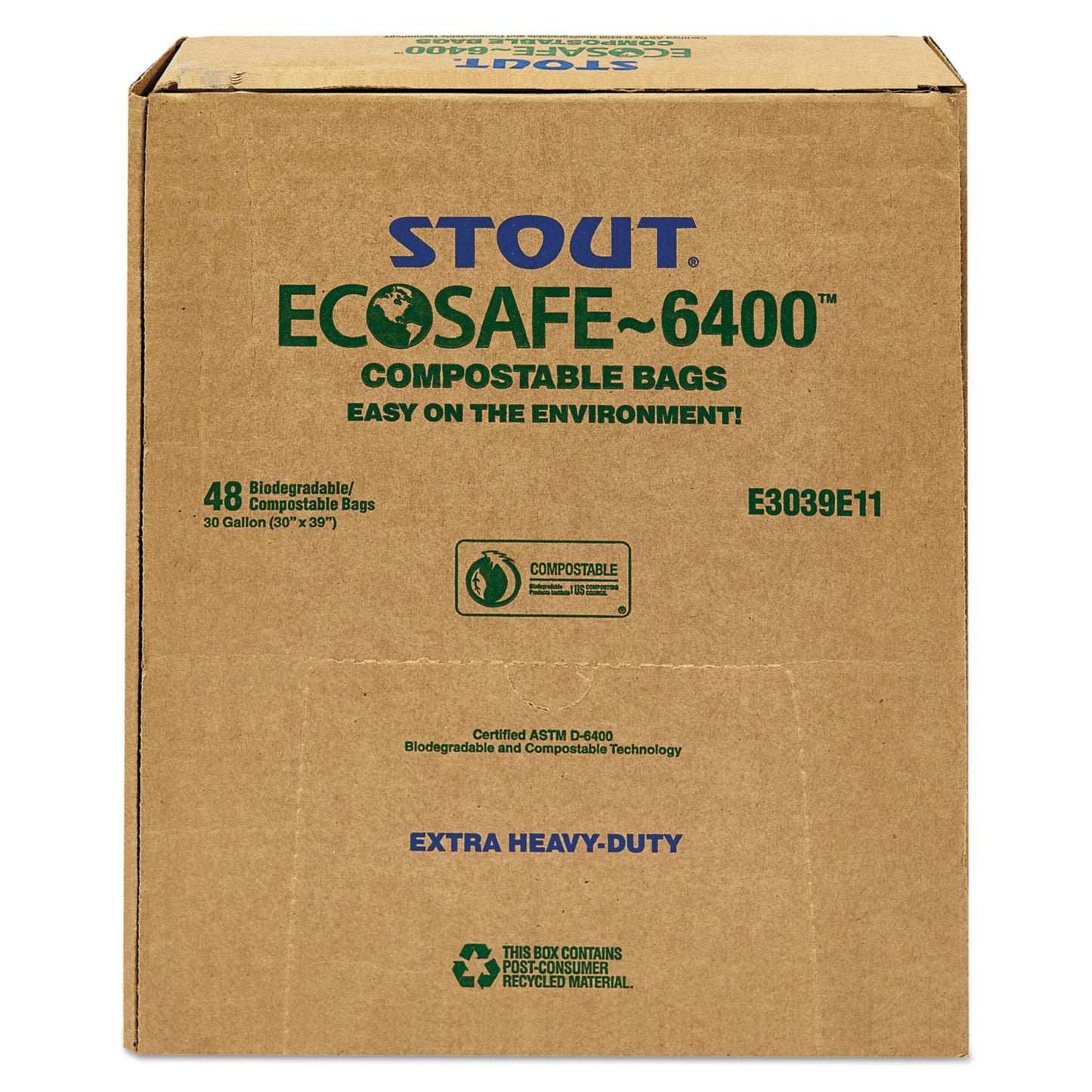 Stout by Envision EcoSafe-6400 Bags, 30 gal, 1.1 mil, 30" x 39", Green, 48/Box (E3039E11)