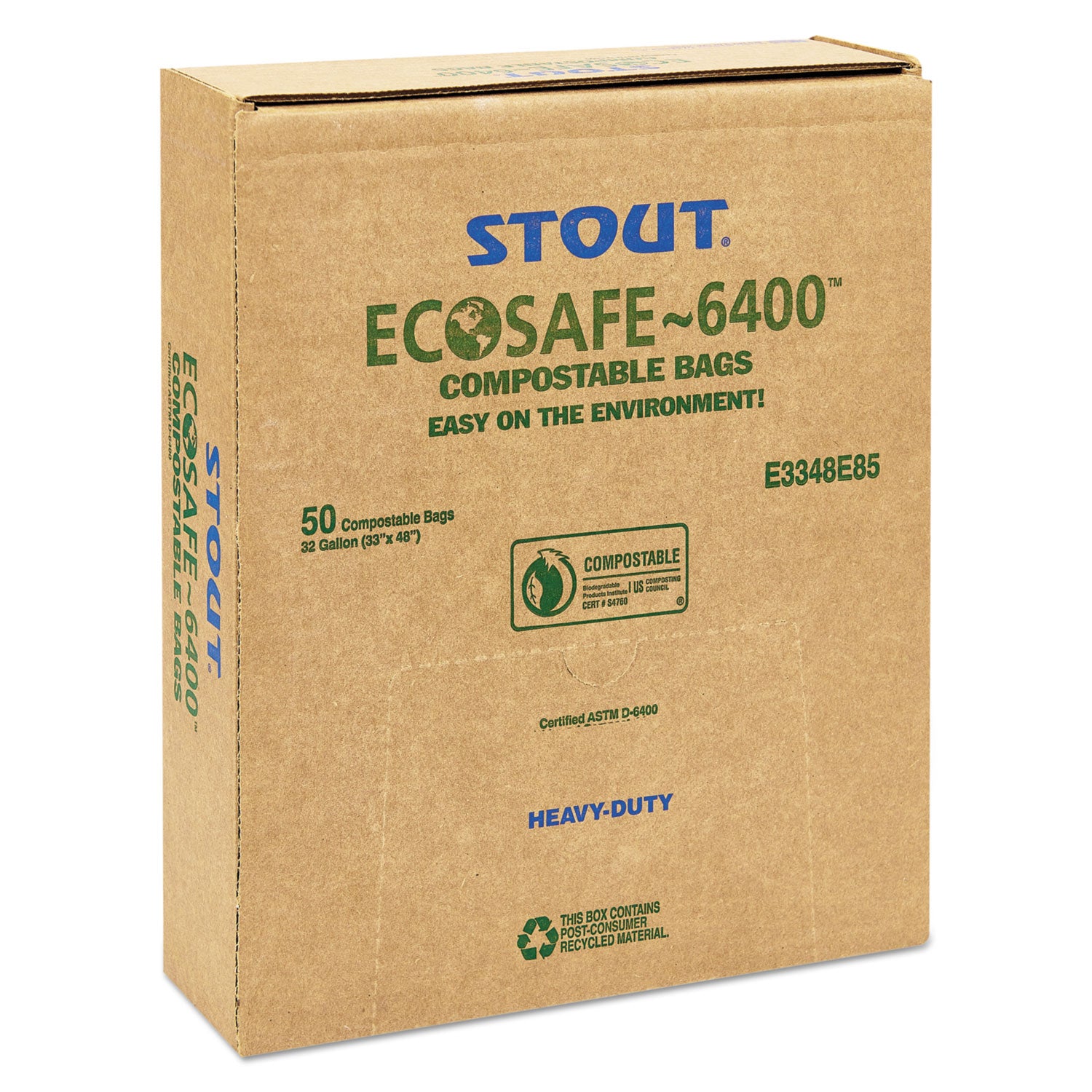 Stout by Envision EcoSafe-6400 Bags, 32 gal, 0.85 mil, 33" x 48", Green, 50/Box (E3348E85)