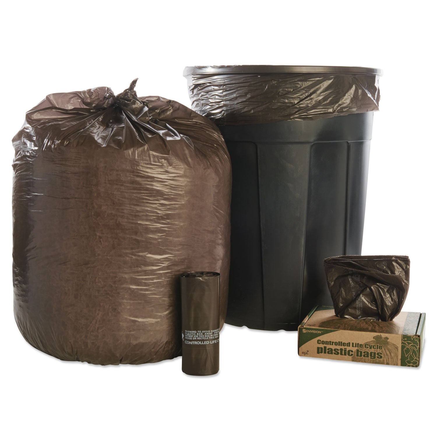 Stout by Envision Controlled Life-Cycle Plastic Trash Bags, 30 gal, 0.8 mil, 30" x 36", Brown, 60/Box (G3036B80)