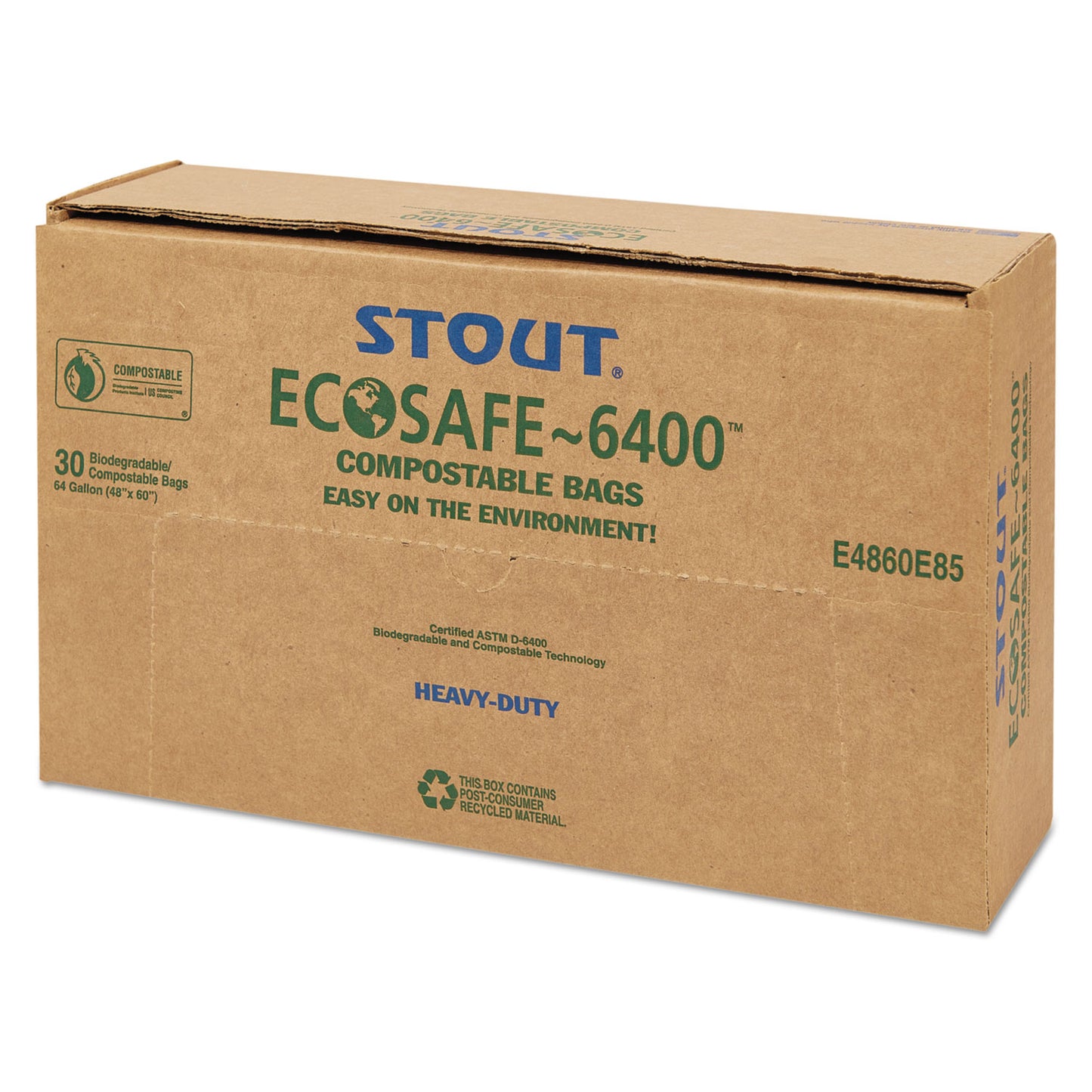 Stout by Envision EcoSafe-6400 Bags, 64 gal, 0.85 mil, 48" x 60", Green, 30/Box (E4860E85)