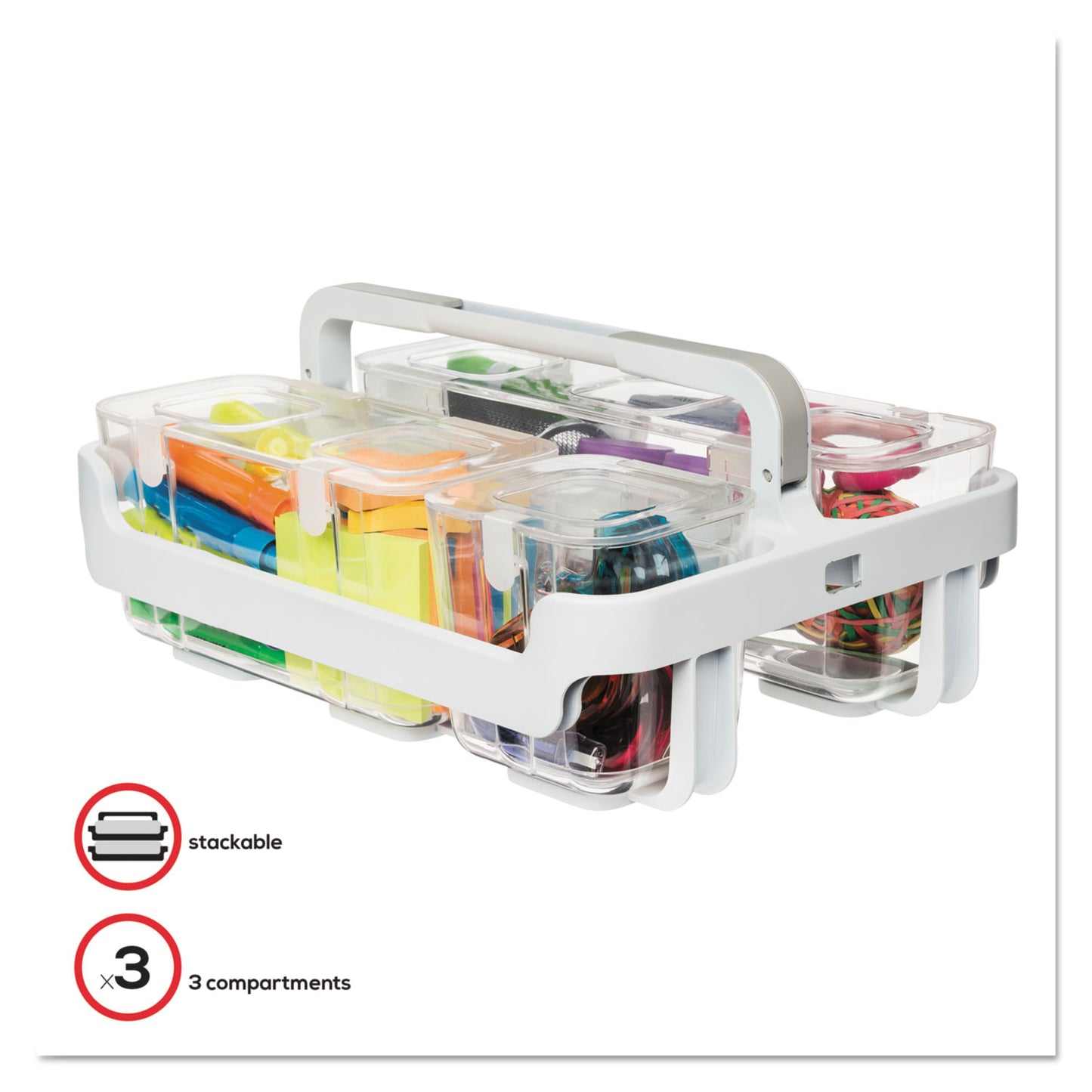 Deflecto Stackable Caddy Organizer with S, M and L Containers, Plastic, 10.5 x 14 x 6.5, White Caddy/Clear Containers (29003)