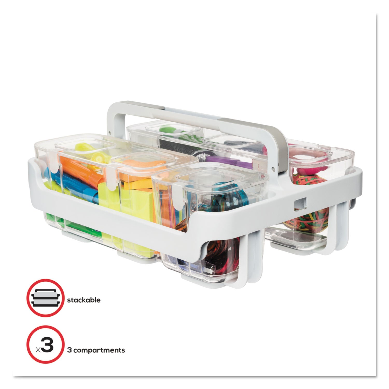 Deflecto Stackable Caddy Organizer with S, M and L Containers, Plastic, 10.5 x 14 x 6.5, White Caddy/Clear Containers (29003)