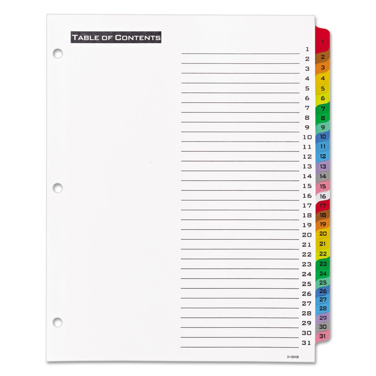 Office Essentials Table 'n Tabs Dividers, 31-Tab, 1 to 31, 11 x 8.5, White, Assorted Tabs, 1 Set (11681)