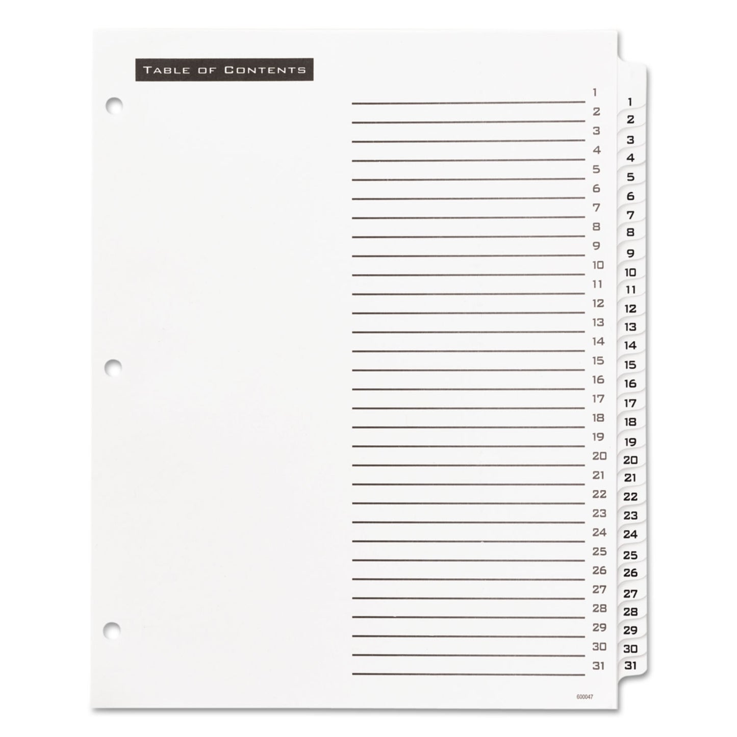 Office Essentials Table 'n Tabs Dividers, 31-Tab, 1 to 31, 11 x 8.5, White, White Tabs, 1 Set (11680)