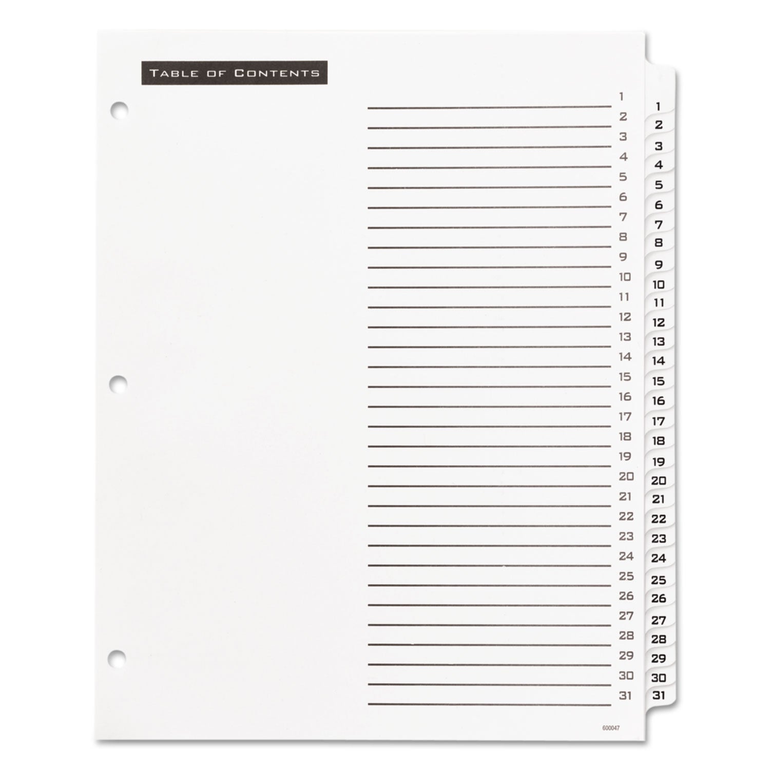 Office Essentials Table 'n Tabs Dividers, 31-Tab, 1 to 31, 11 x 8.5, White, White Tabs, 1 Set (11680)