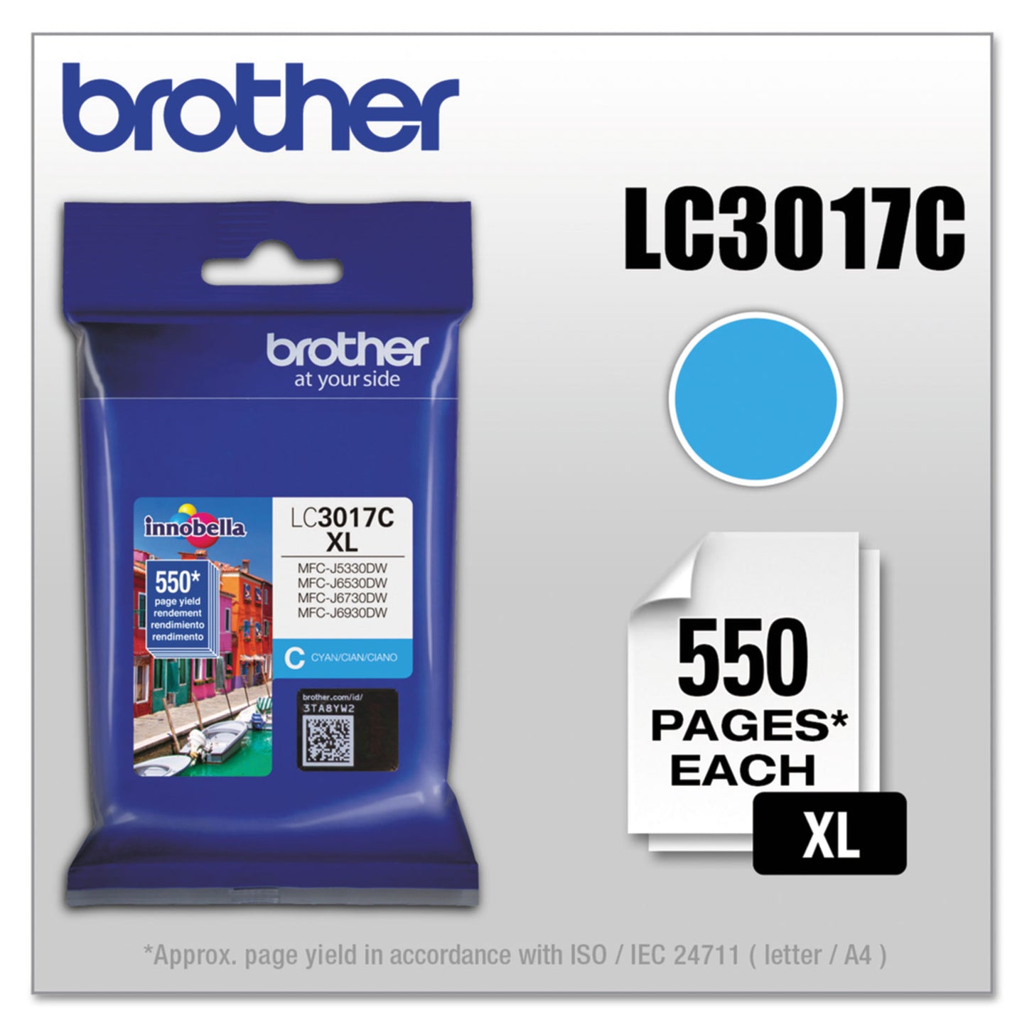 Brother LC3017C Innobella High-Yield Ink, 550 Page-Yield, Cyan