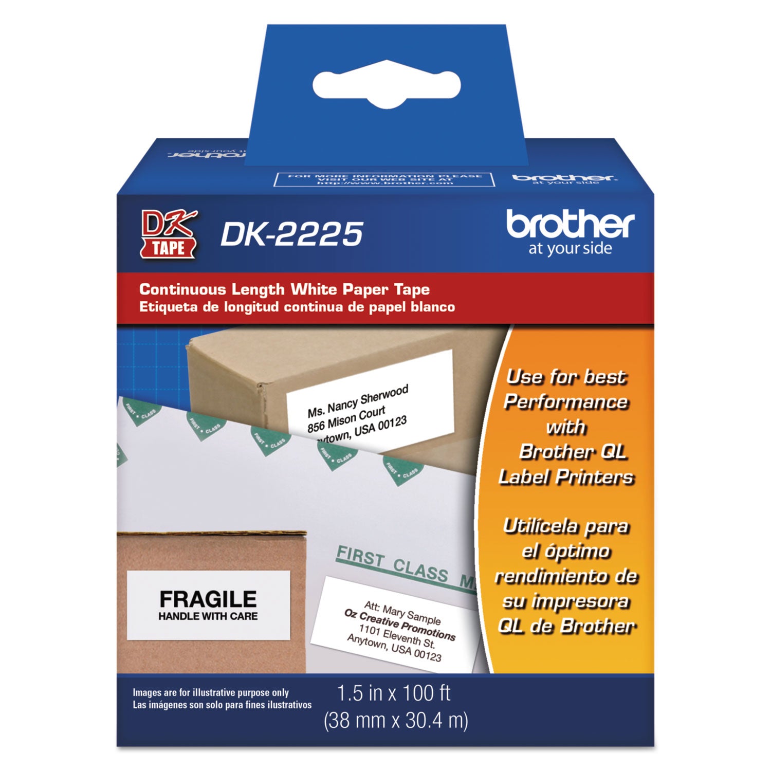 Brother Continuous Paper Label Tape, 1.5" x 100 ft, Black/White (DK2225)