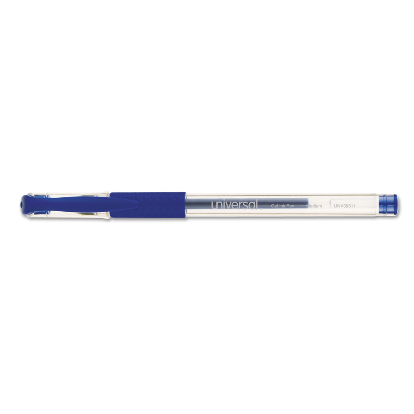 Universal Comfort Grip Gel Pen, Stick, Medium 0.7 mm, Blue Ink, Clear/Blue Barrel, Dozen (39511)