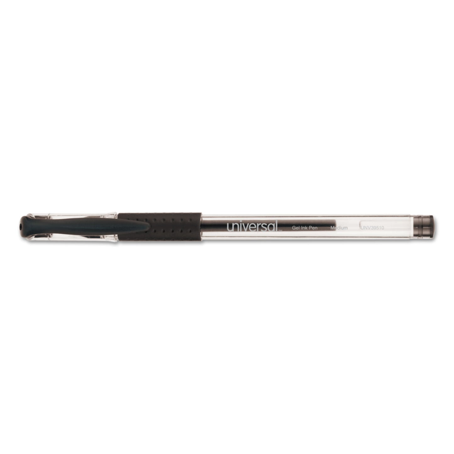 Universal Comfort Grip Gel Pen, Stick, Medium 0.7 mm, Black Ink, Clear/Black Barrel, Dozen (39510)