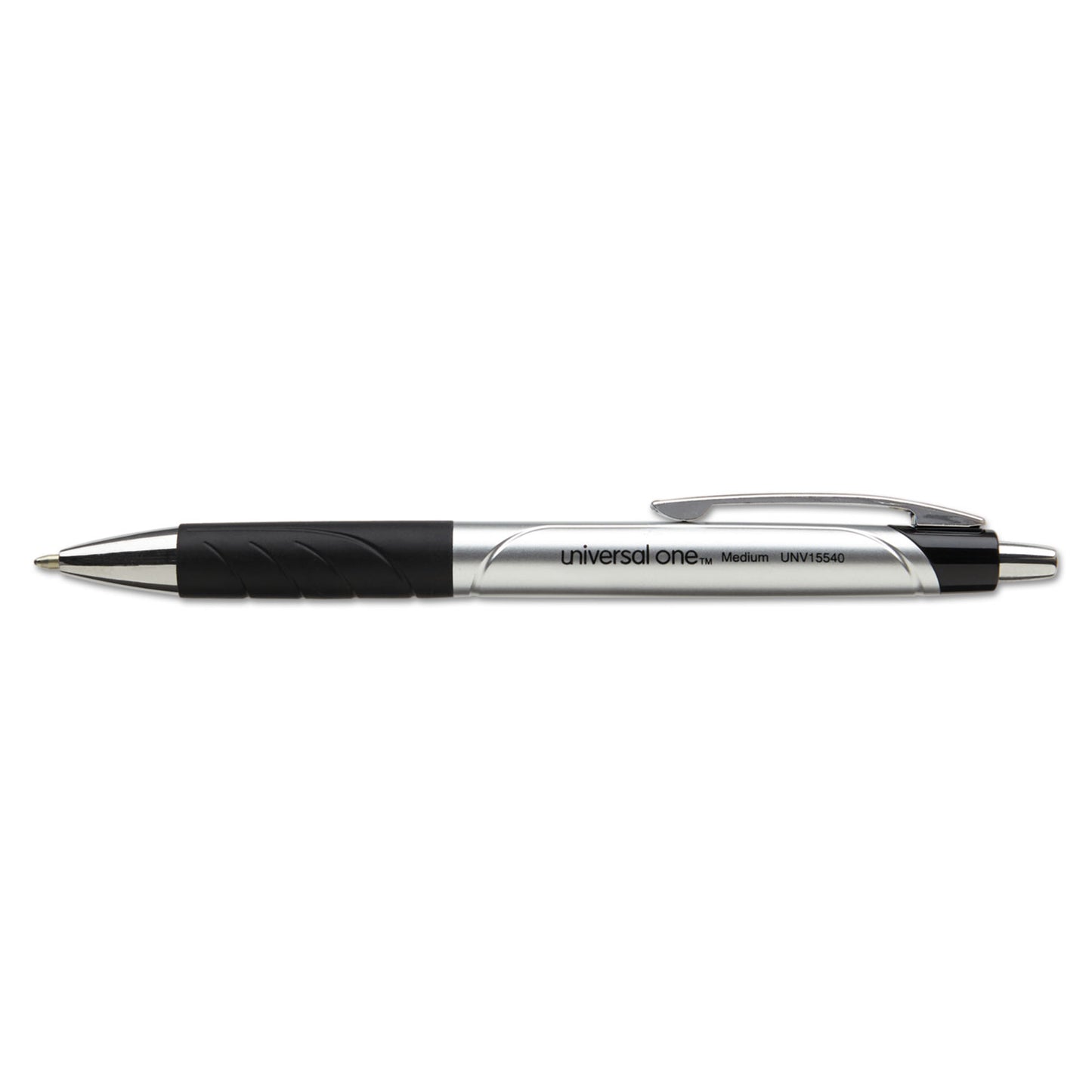 Universal Comfort Grip Ballpoint Pen, Retractable, Medium 1 mm, Black Ink, Silver/Black Barrel, Dozen (15540)