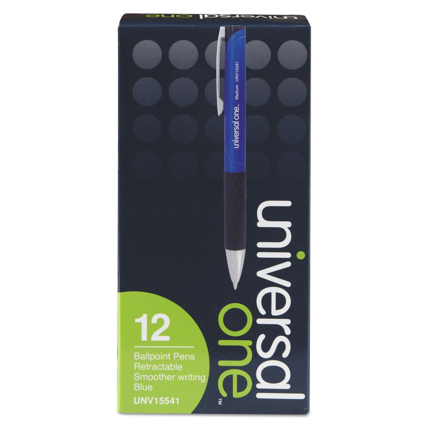 Universal Comfort Grip Ballpoint Pen, Retractable, Medium 1 mm, Blue Ink, Blue/Black Barrel, Dozen (15541)