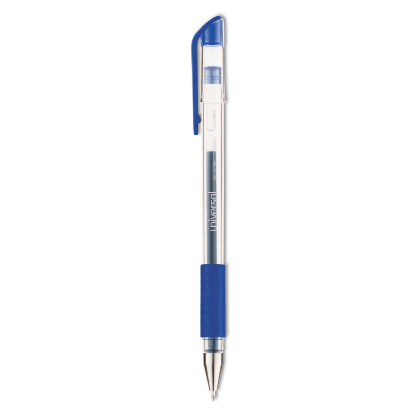 Universal Comfort Grip Gel Pen, Stick, Medium 0.7 mm, Blue Ink, Clear/Blue Barrel, Dozen (39511)