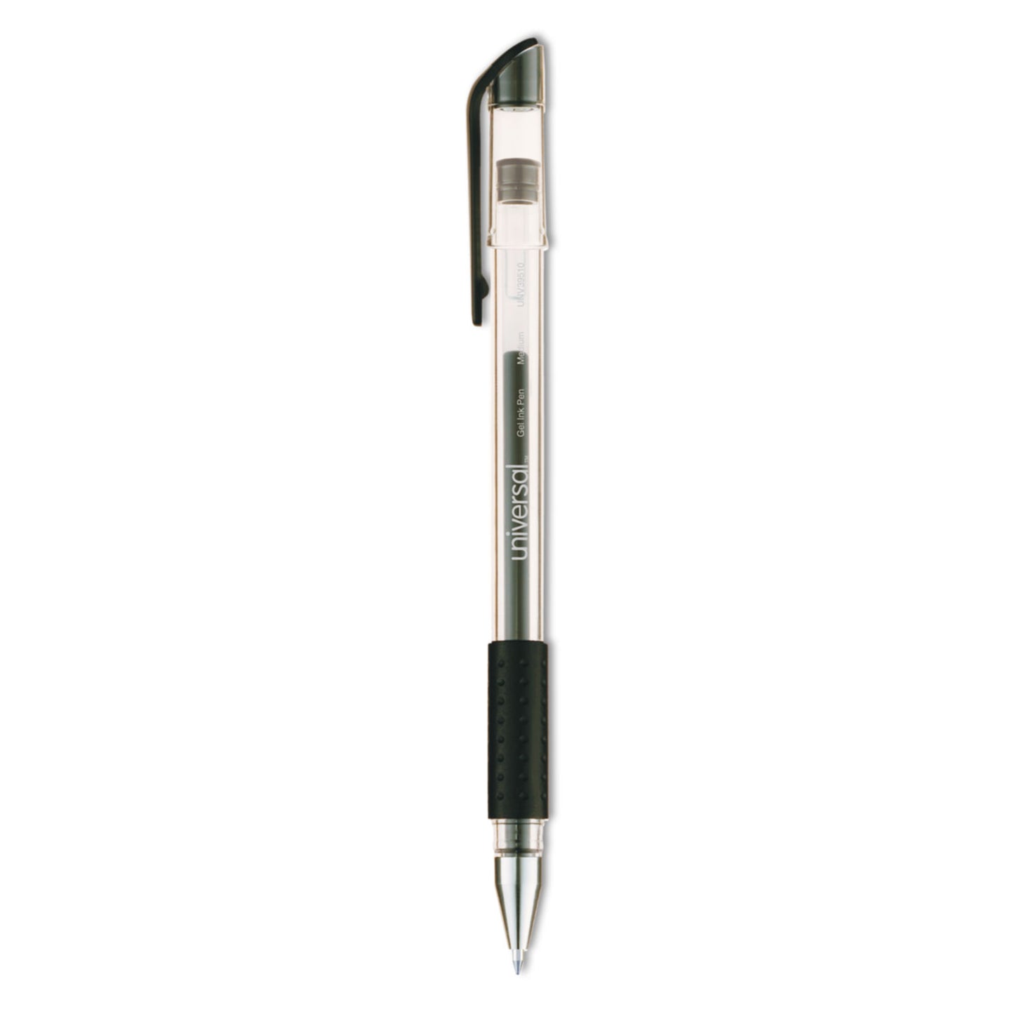 Universal Comfort Grip Gel Pen, Stick, Medium 0.7 mm, Black Ink, Clear/Black Barrel, Dozen (39510)