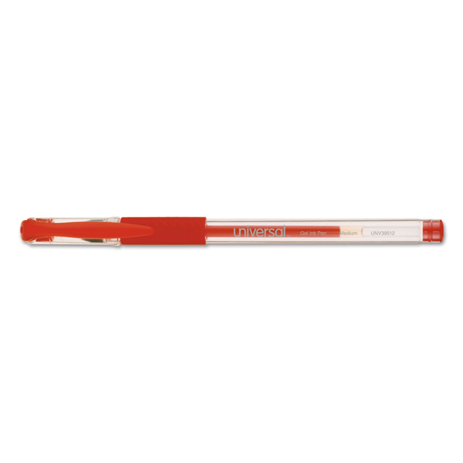 Universal Comfort Grip Gel Pen, Stick, Medium 0.7 mm, Red Ink, Clear/Red Barrel, Dozen (39512)