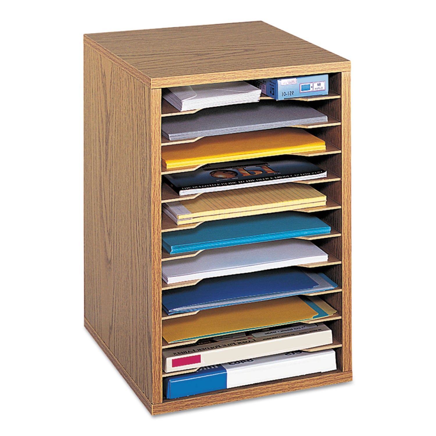 Safco Wood Vertical Desktop Sorter, 11 Compartments, 10.63 x 11.88 x 16, Medium Oak (9419MO)